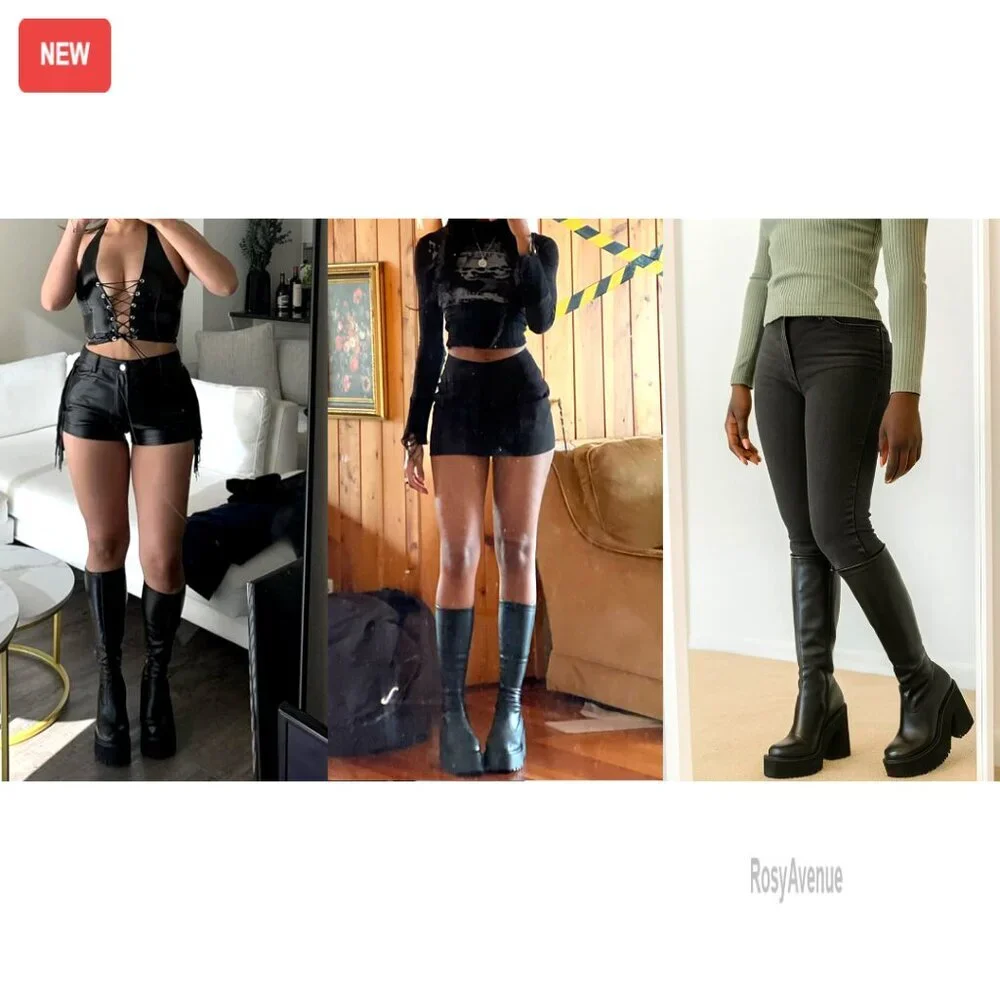 Women's Knee High Platform Boots with Chunky Heel, Zipper & Elastic Leather - Picture 7 of 7